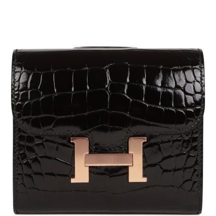 Hermès Constance Compact Wallet Black Shiny Alligator Rose Gold Hardware