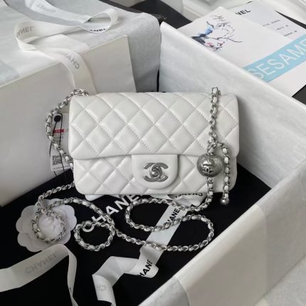 Chanel 23K AS1787 Mini Pearl Embossed Rectangular Flap Bag Lambskin Brushed Silver Metal Hardware White