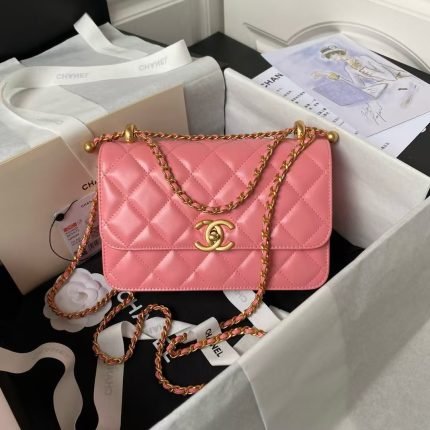 Chanel AS2649 Chain Bag Gold Charm Small Vintage Calfskin Bag Dark Pink