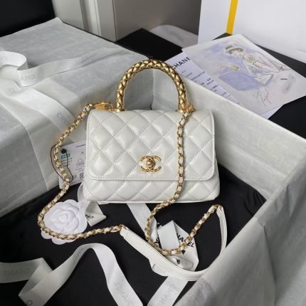 Chanel AS2215 Mini Flap Bag With Metal Top Handle Shiny Calfskin White